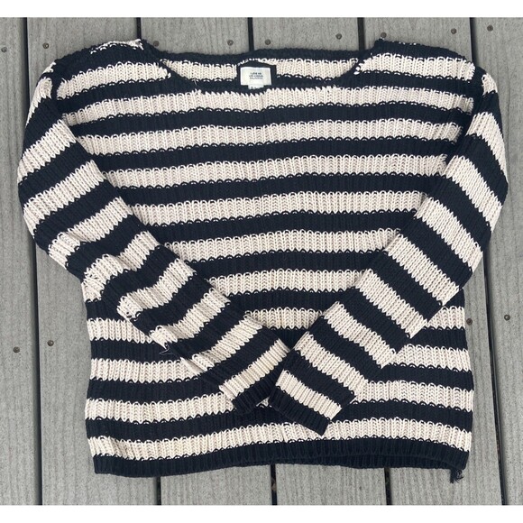 I Love H81 Black Cream Chunky Rib Knit Striped Pullover Sweater Women’s L - Picture 1 of 12